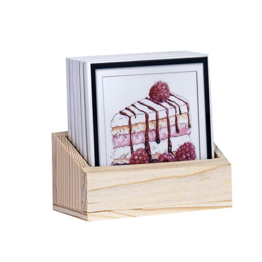 Yummy Pastry Tea Coasters - Set of 6 with wooden stand