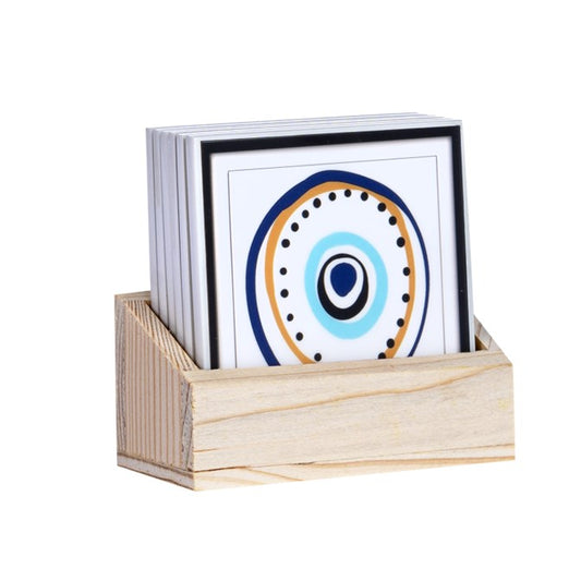 Evil Eyes Tea Coasters - Set of 6 with wooden stand