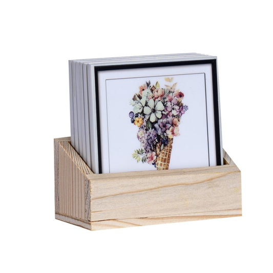 Floral Cones Tea Coasters - Set of 6 with wooden stand