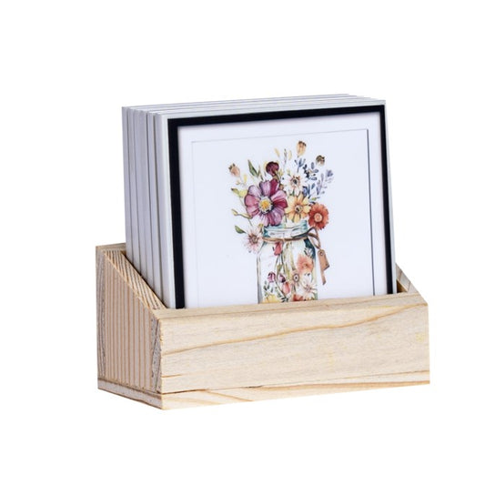 Floral Jars Tea Coasters - Set of 6 with wooden stand