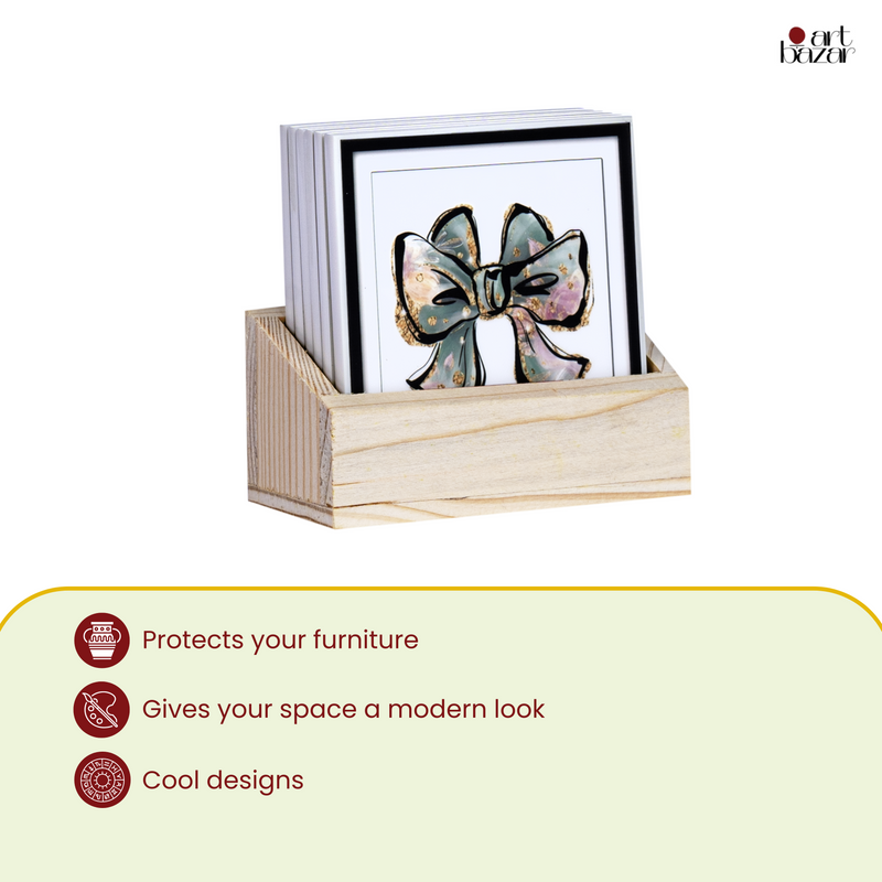 Pigtail Bows Tea Coasters - Set of 6 with wooden stand