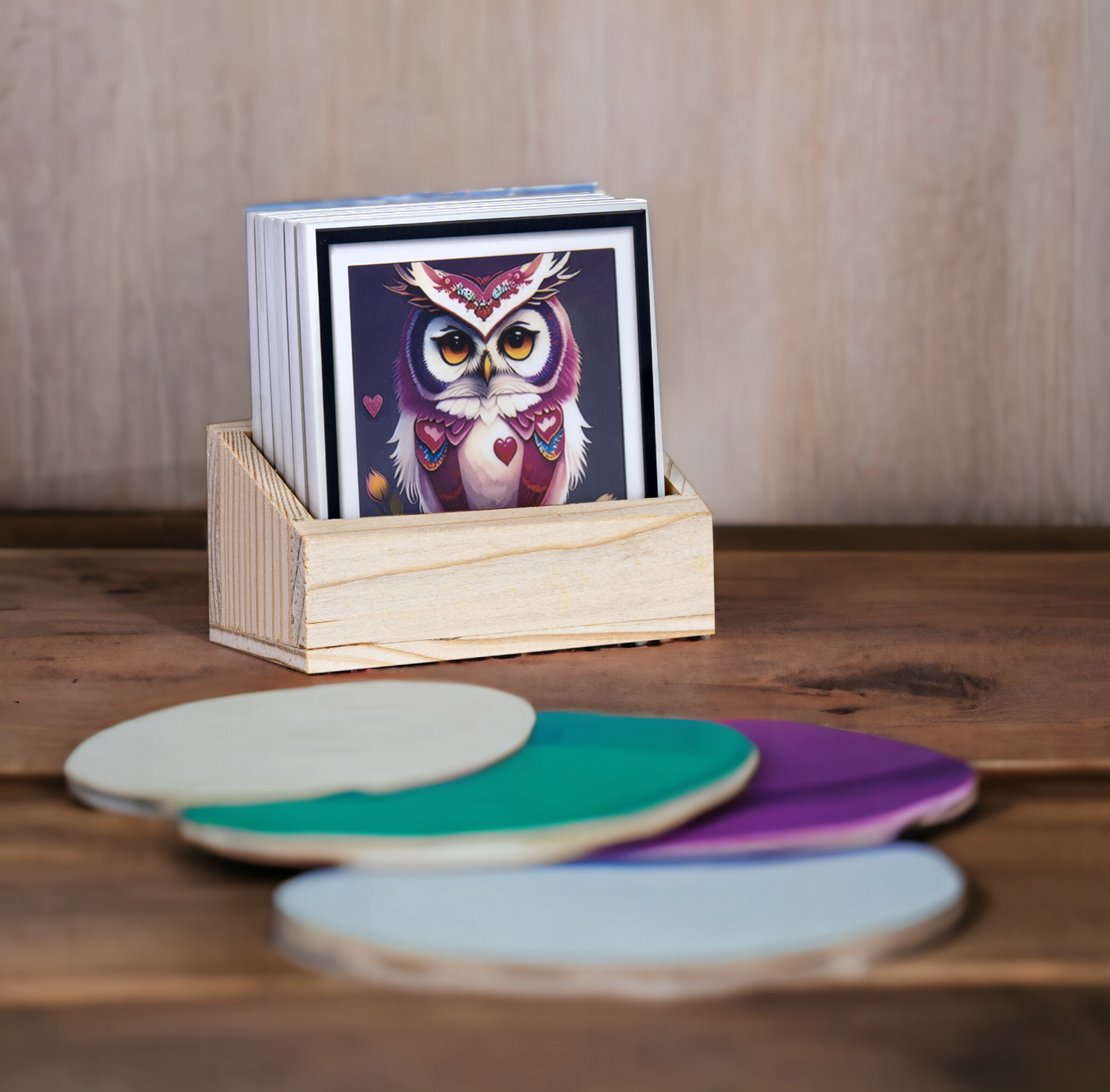 Majestic Owls Tea Coasters - Set of 6 with wooden stand