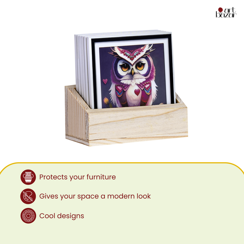 Majestic Owls Tea Coasters - Set of 6 with wooden stand