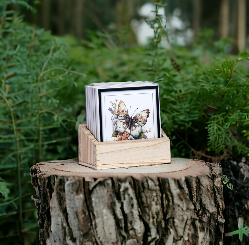 Butterfly Beauties Tea Coasters - Set of 6 with wooden stand