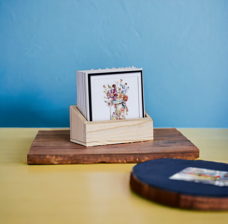 Floral Jars Tea Coasters - Set of 6 with wooden stand